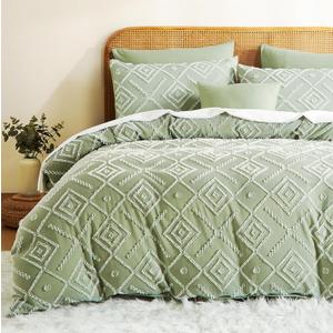 Green Duvet Cover King Size - 3 Pieces Soft and Light Duvet Covers Set with Boho Tufted Geometric Pattern for All Season, Breathable Bedding Set with Zipper Closure & 2 Pillowcases