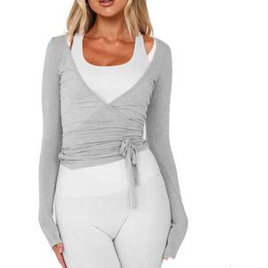 Womens Slim Fit Tie Front Open Front Wrap Long Sleeve T Shirt Y2K Ballet Going Out Cardigan Aesthetic Casual Tops (Large, Gray)