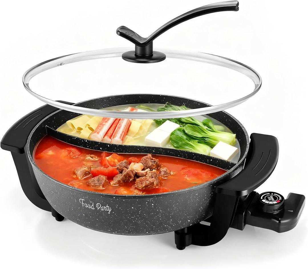 Food Party Electric Hot Pot 6L with Divider Hotpot Pot Electric Shabu Shabu Pot 110V 1200W PFOA FREE Non-Stick Chinese Hot Pot 5-Level Temperature Control