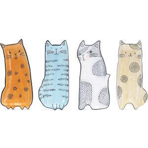 Bico Cartoon Cat Appetizer Plates Set of 4, Small Stoneware Ceramic Plates for Appetizer, Snacks, Sauce, Assorted Color, Microwave and Dishwasher Safe
