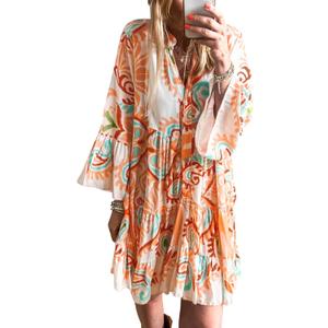 miduo Womens Summer Dress Casual V Neck Buttoned 3/4 Sleeve Bohemian Tribal Print Flowy Mini Dresses (Large, Orange)