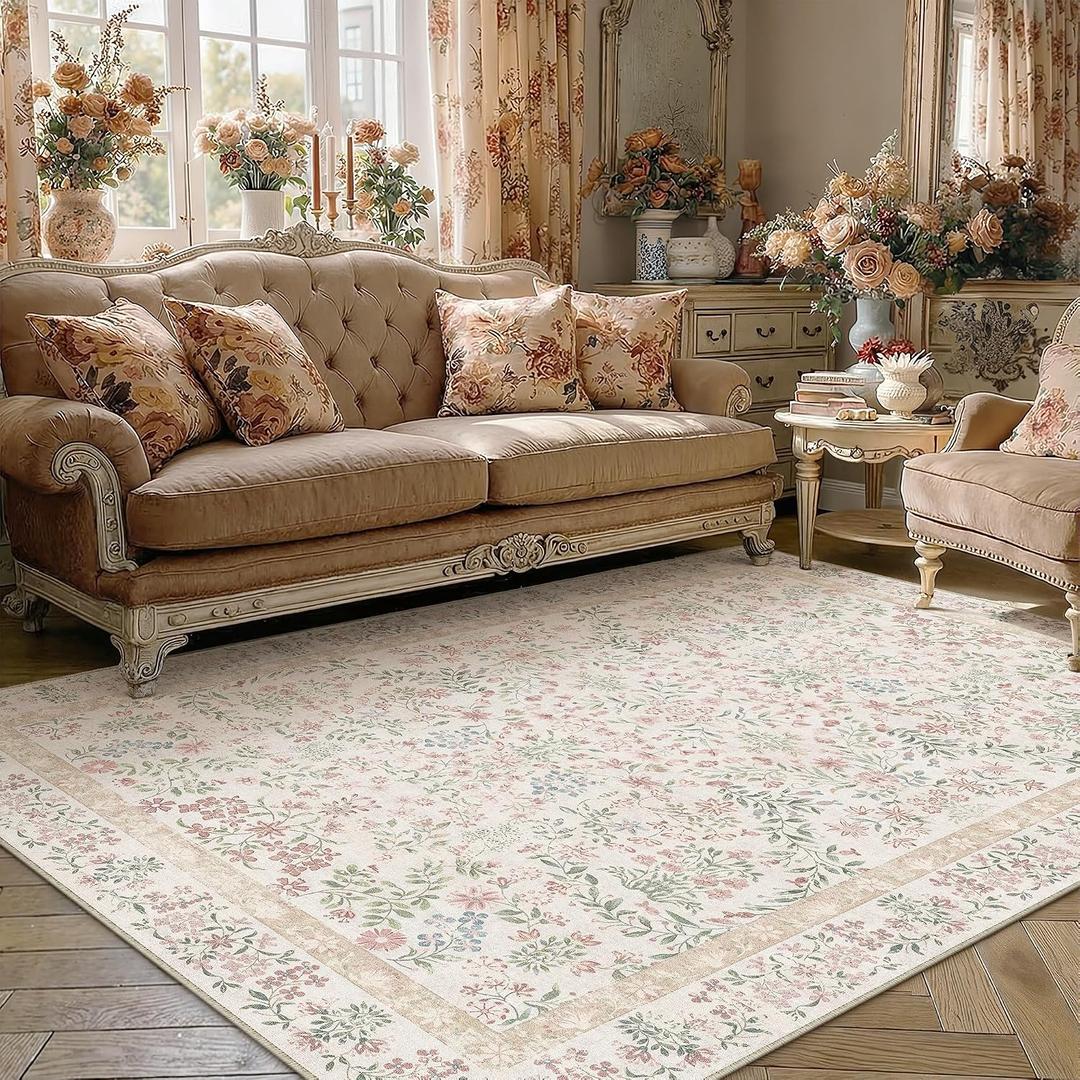 PureCozy 5x7 Pink Area Rug for Living Room Bedroom Washable Vintage Floral Carpet Low Pile Non Slip Botanical Aesthetic Dining Room Soft Accent Throw Rug Nursery Office Indoor
