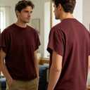 Men's Boxy Raw Cut Tee Short Sleeve Round Neck T Shirts Casual Basic Tops (Red, XXL)