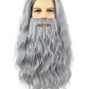 Grey Wizard Wig and Beard for Men Long Gray Beard Wig Set for Mens Halloween Costume Cosplay Party (Grey)