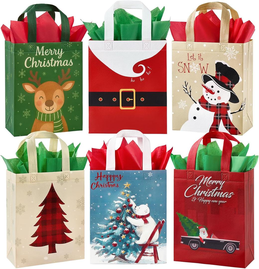 STYPOP 24 Pack 10" Christmas Gift Bags Medium Size with Tissue Paper, Reusable Non-Woven Christmas Tote Bags with Handles, Perfect for Xmas Gift Wrap/Party Favor Supplies, 10"  8"  4"