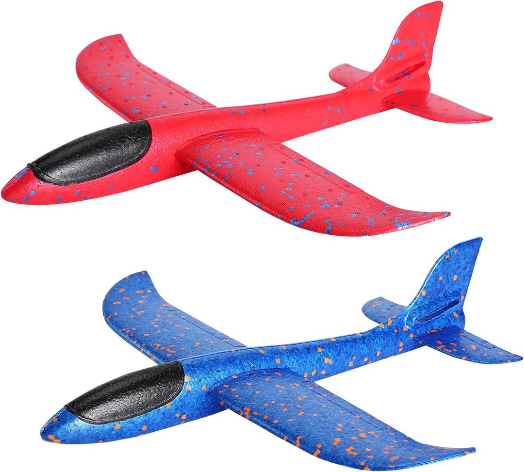 GSM Brands Foam Airplane Toys 2 Pack, 17.71 Inch Throwing Glider with Flight Upgrade 2 Tail Position Option (1 Red, 1 Blue)