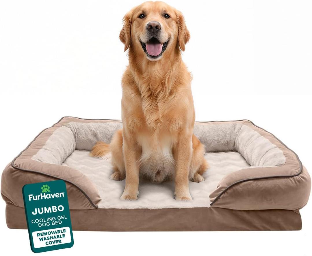 FurHaven Cooling Gel Dog Bed for Large Dogs, Perfect Comfort Sofa Bed, Cool Gel-Top Foam & Solid Orthopedic Foam Base for Joint Support, Removable Washable Cover, Jumbo/XL, Plush & Velvet, Brownstone
