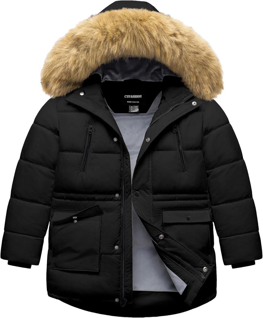 Boy's Winter Coat Waterproof Kids Puffer Jacket Thicken Parka Fleece Lined Bubble Ski Snow Outerwear with Fur Hood (8-9, Black)