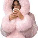 Wyeysyt Women's Faux Fur Coats with Hood Winter Warm Cropped Hoodie Jacket Long Sleeve Thick Short Outerwear with Pockets (Large, Lightpink)