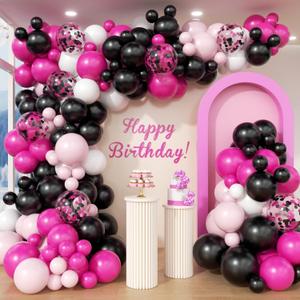 HKYOOD 115Pcs Pink and Black Balloon Garland Arch Kit - Hot Pink Pastel Pink Black White and Confetti Latex Balloons for Girls Women Birthday Baby Shower Wedding Princess Mouse Theme Party Decorations