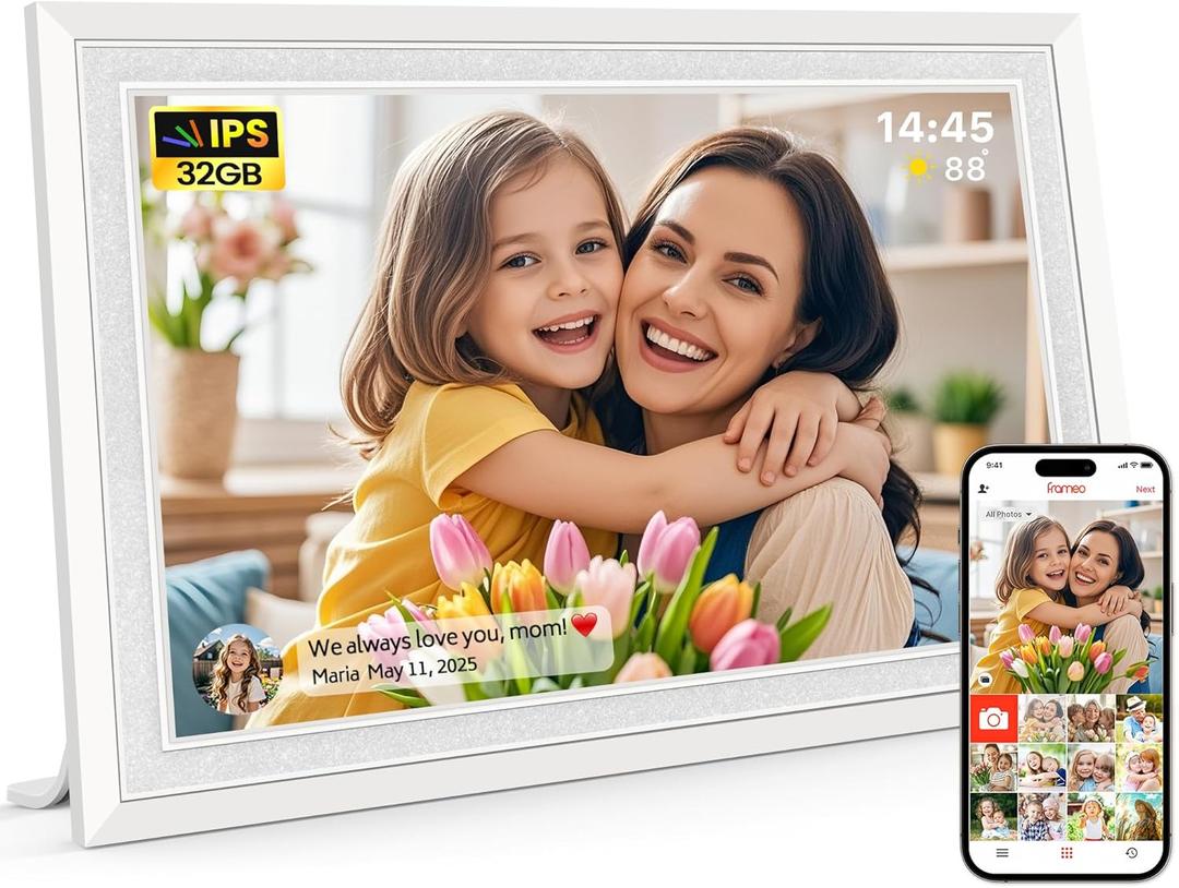 Frameo 10.1" Digital Picture Frame, Smart WiFi Digital Photo Frame with 1280x800 HD IPS Touch Screen 32GB Memory Auto-Rotate Wall Mounted, Share Photos/Videos from Phone Anywhere(White)