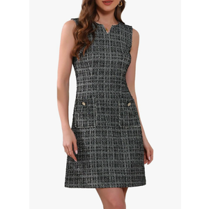 Allegra K Tweed Dress for Women's Elegant Plaid Sleeveless Pockets Zipper Business Casual Work Dresses Size XS