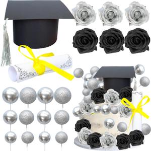 Gyufise 40Pcs 2025 Graduation Cake Topper Decoration Diploma Done Diploma Grad Cap Cake Pick Balloon Flower Prom 2025 Cake Decorations for Class of 2025 Congrats Grad Party Supplies Black Silver