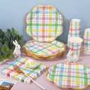 Whaline 72Pcs Easter Spring Party Supplies Pastel Plaid Disposable Dinnerware Set Colorful Checkered Scalloped Paper Napkins Plates Cups for 24 Guests Tableware Decor