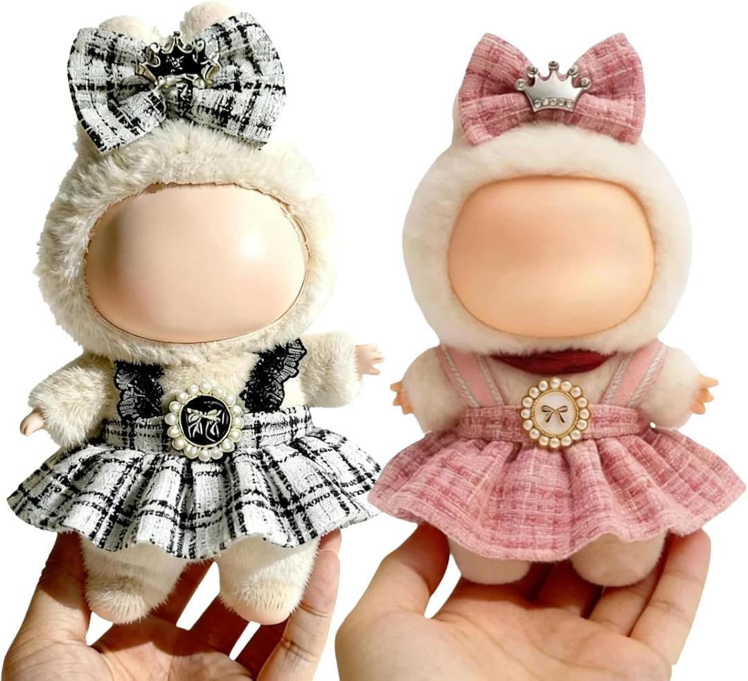 2 x (2 Pack) Clothes for LABUBU 17cm Doll (NO Dolls), Black Plaid Outfit & Hot Pink Plaid Dress, Stylish Dress and Hairpin Set, Fashion and Premium Dolls Outfit Accessories for LABUBU