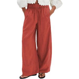 Womens Printed Striped Wide Leg Pants Elastic Waist Summer Boho Palazzo Beach Vacation Trousers Pockets (Small, Poppyred)