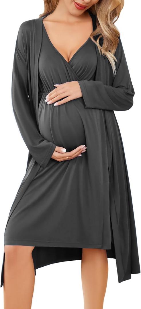 Ekouaer Maternity Nursing Gown and Robe Set Labor Delivery Nursing Nightgowns for Breastfeeding Pregnancy Clothes (XX-Large, Darkgrey)