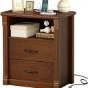 YOSHOOT Farmhouse Tall Nightstand with Charging Station, Wood Bed Side Table with 2 Drawers and Open Shelf, Rustic End Table with Roman Column Design for Bedroom Living Room, Walnut