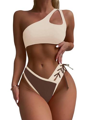 YELAIVP Women's Bikini Sets One Shoulder High Waisted Two Piece Swimsuit Lace Up High Cut Bathing Suit