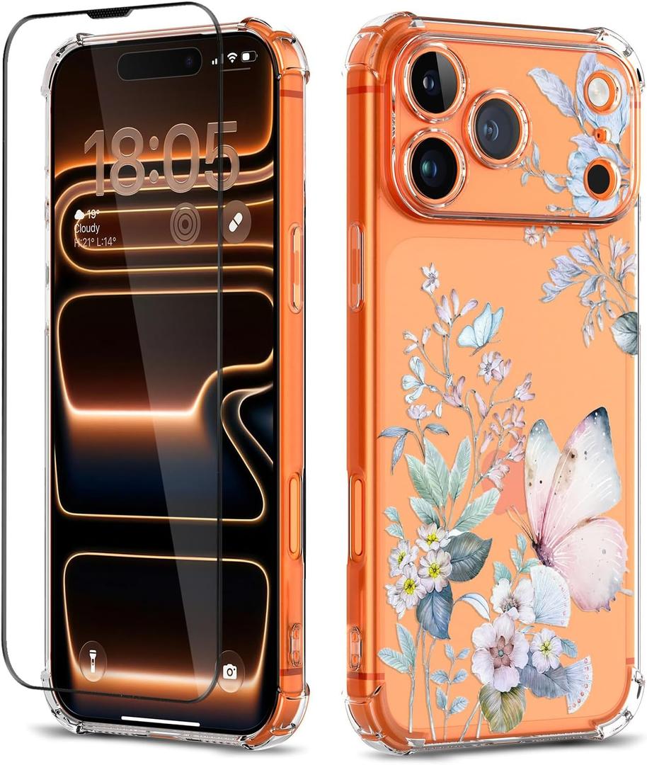 for iPhone 17 Pro Case with Screen Protector [Full Camera Protection] Flower Pattern Design,Clear Soft Shockproof Floral Phone Cover for Women Girls 2025 6.3"(Magic Butterfly)