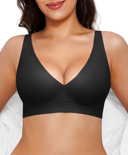 Wireless Push Up Bra Seamless Bras for Women Comfy Supportive Bralettes Deep V Comfortable Tshirt Bras No Underwire Black