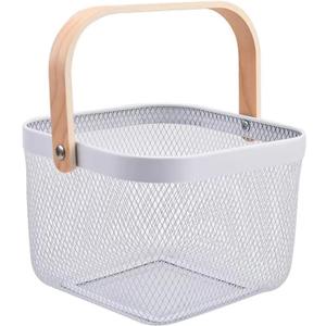 AJIODA Metal Mesh Wire Basket, Small Steel Basket with Wooden Handle Storage Organizer Basket Multi-functional Hanging Kitchen Baskets Fruit Baskets for Kitchen Bathroom Cabinet Pantry Snacks, White