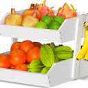 Bamboo Fruit Basket for Kitchen - 2 Tier Fruit Bowl, Large Holder With Banana Hangers, Idea For Vegetable Storage, Bread Display, Snack Organizer (White)