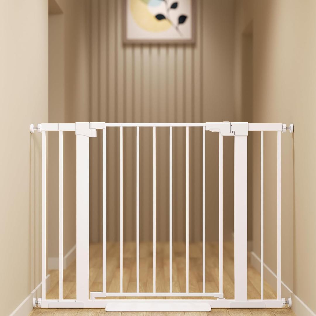 29-42 inches Metal Baby Gate for Stairs/Doorways, 30 inches Tall Pressure Mounted Pet Gates, Auto-Close Child Safety Gate, No Drilling Easy Walk-Through Dog Gate Indoor, White