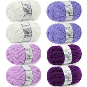 Chunky Yarn for Hand Knitting - #10 Chunky Chenille Yarn, Jumbo Big Thick Chunky Yarns for Crocheting, Super Bulky Chunky Knit Blanket Yarns, 8 Skein (25yd, 8oz/Skein), Cream & Multi Purple