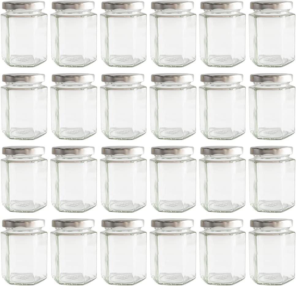 190ml 6oz Hexagon Glass Jars, Pack of 24 Sets With Silver Lids for Jam, Honey, Jelly, Candy, Candle, Wedding Favors, Baby Shower, Spice, Crafts, Party Favors, Samples