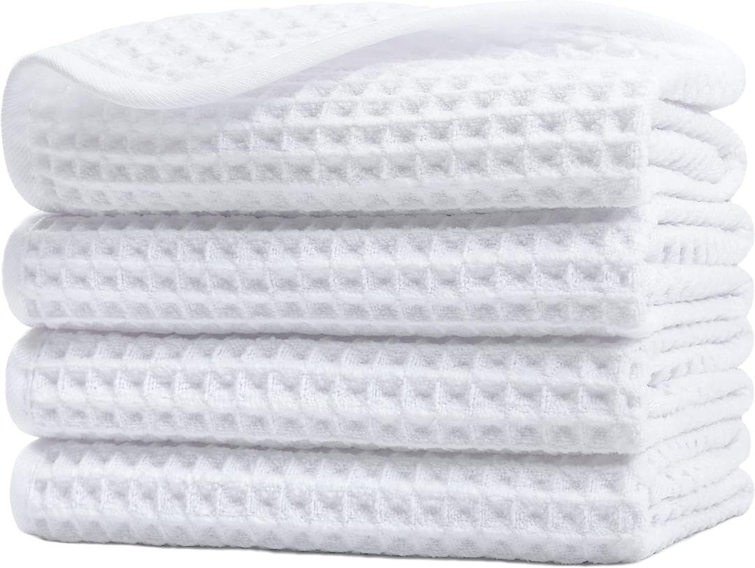 POLYTE Microfiber Lint Free Washcloth Face Towel, 13 x 13 in, 4 Pack (Waffle Weave) (White)