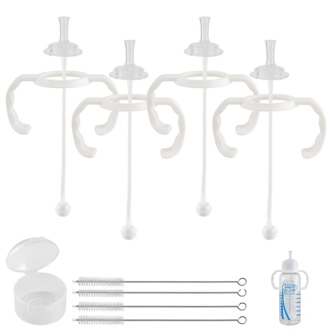 Straw Cup Conversion Kit for Dr Browns Narrow and Narrow Glass Baby Bottles, Spill-Proof Transition Kit with Silicone Straw Nipple, Weighted Straw, Handle, 4 Pack, 8m+