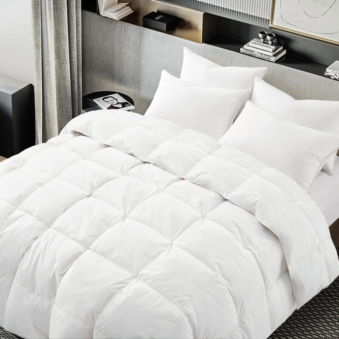 Goose Feather Down Comforter Queen Size, White 100% Cotton Duvet Insert, All Season Hotel Bedding Fluffy Cotton Comforter with Corner Tabs (White, Queen)