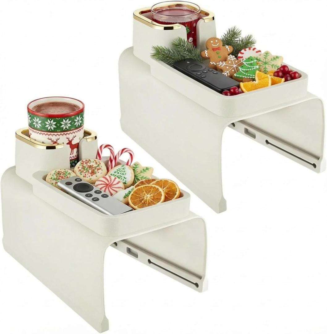 2 Pcs Couch Cup Holder Tray Silicone Anti-Spill Anti Slip Sofa Armrest Drink Holder Weighted Couch Caddy Recliner Arm Table for Remote Controls, Phones, Cups and Snacks (Beige)