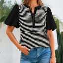 BTFBM Puff Sleeve Tops for Women Dressy Summer Vacation Outfits 2025 V Neck Casual Button Up Shirts Loose Striped Blouse (S)