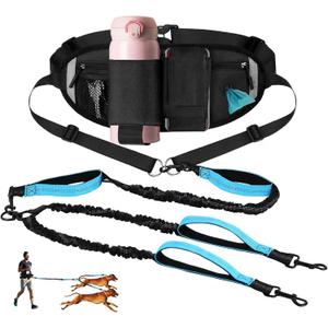 Hands Free Dog Leash with Adjustable Waist Belt, Double Waist Leash for Two Dog Walking Training Jogging, Double-Leashes for Two Large Dogs, Dual Padded Handles Pet Running-Leashes Hands Free(Blue)