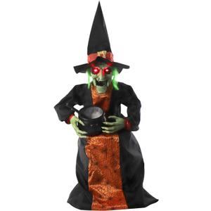 Haunted Hill Farm Sitting and Talking Witch Halloween Animatronic with Moving Mouth and Light-Up Mini Cauldron for Scary Halloween Decorations, Spooky Halloween Props, Perfect for Tabletop