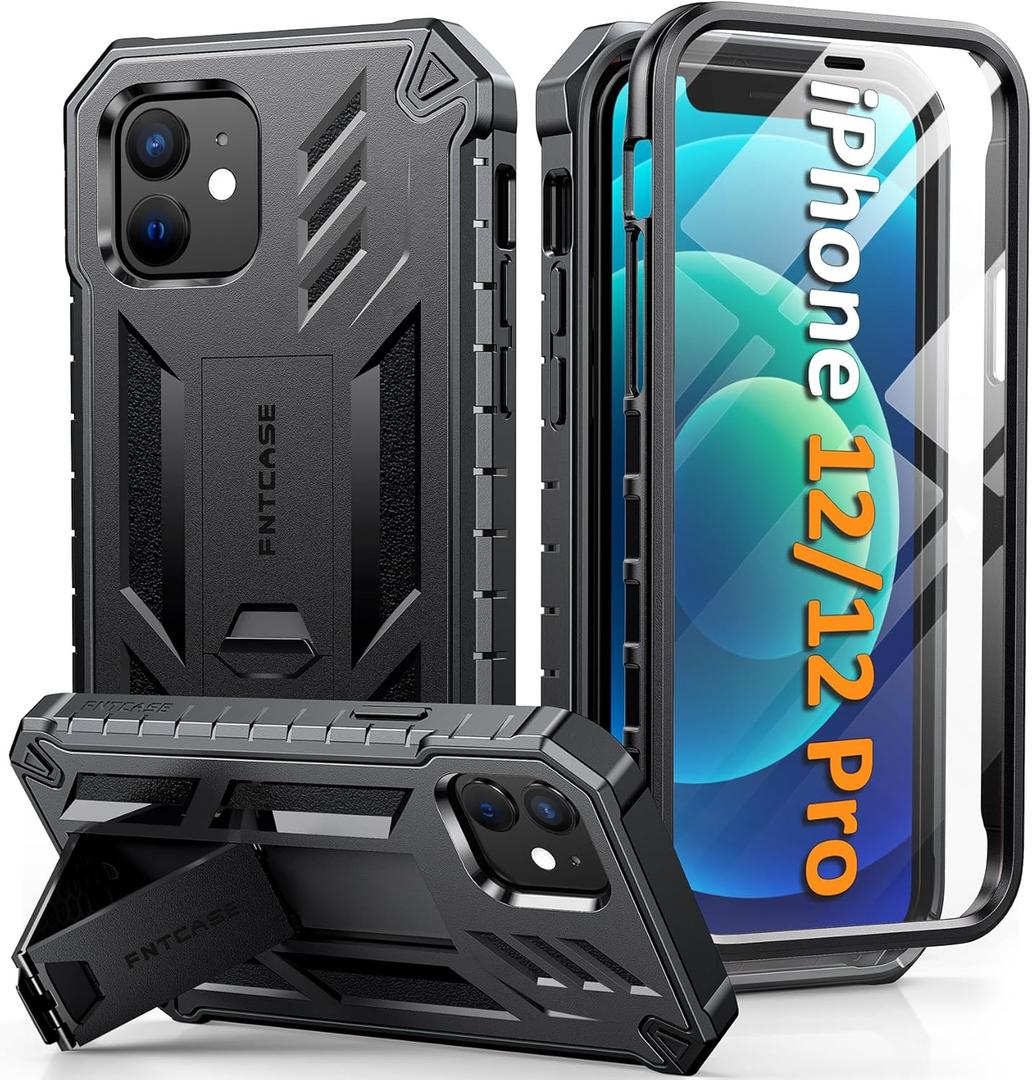 FNTCASE for iPhone 12 Phone Case: for iPhone 12 Pro Phone Case Military Grade Drop Proof Rugged Protective Cover with Kickstand | Matte Textured Shockproof TPU Hybrid Bumper Cases 6.1 inch - Black