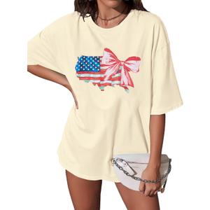 4th of July Shirts Women Patriotic Shirt Oversized American Flag Bow Tshirt Independence Day Short Sleeve Tee Tops, XXL
