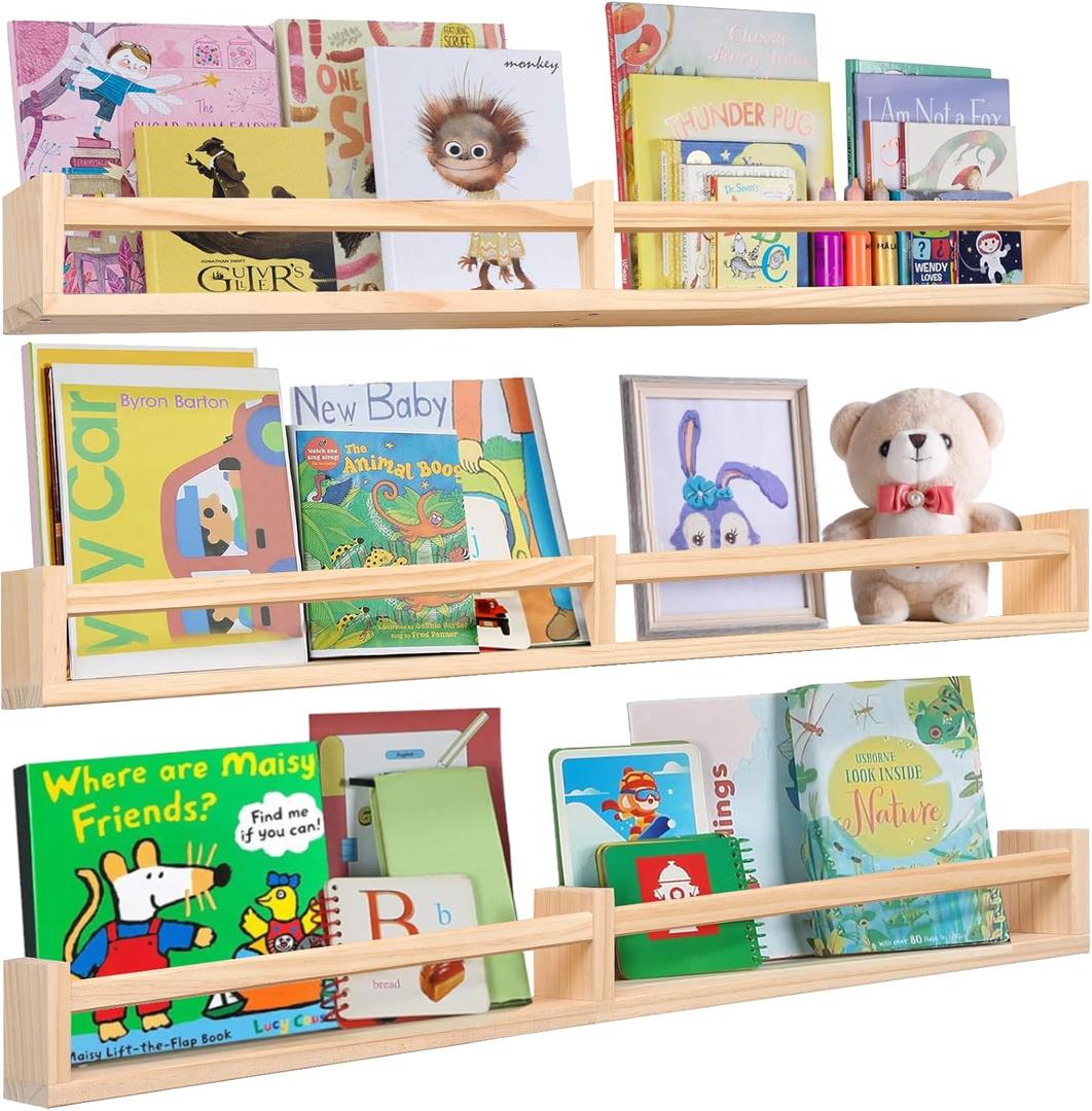 Nursry Shelves 32 inches Set of 3,Wood Floating Nursery Book Shelves for Wall,Wall Bookshelves for Kids,Transform Your Nursery into a Safe & Stylish Haven with Natural Wood Floating Shelves.