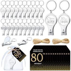Zeyune 50 Sets 80th Birthday Party Favors for Guests Cheer to 80 Years Multi-functional Bottle Opener Nail Clippers with Thank You Card Organza Bags and Hemp Rope Anniversary Party Favors