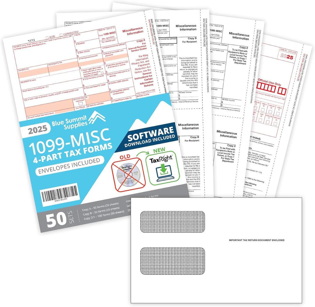 2025 1099 MISC Forms with TaxRight Software (Formerly Known as TFP), 50 Vendor Kit of Laser Forms, Designed for QuickBooks, TaxRight Download and 50 Self Seal Envelopes Included