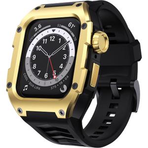 Band Compatible with Apple Watch Series 6 44mm Band Men Rugged Case Stainless Metal Cover with Heavy Duty Band Sport Strap Shockproof for Watch Series 6 SE 5 4, Gold