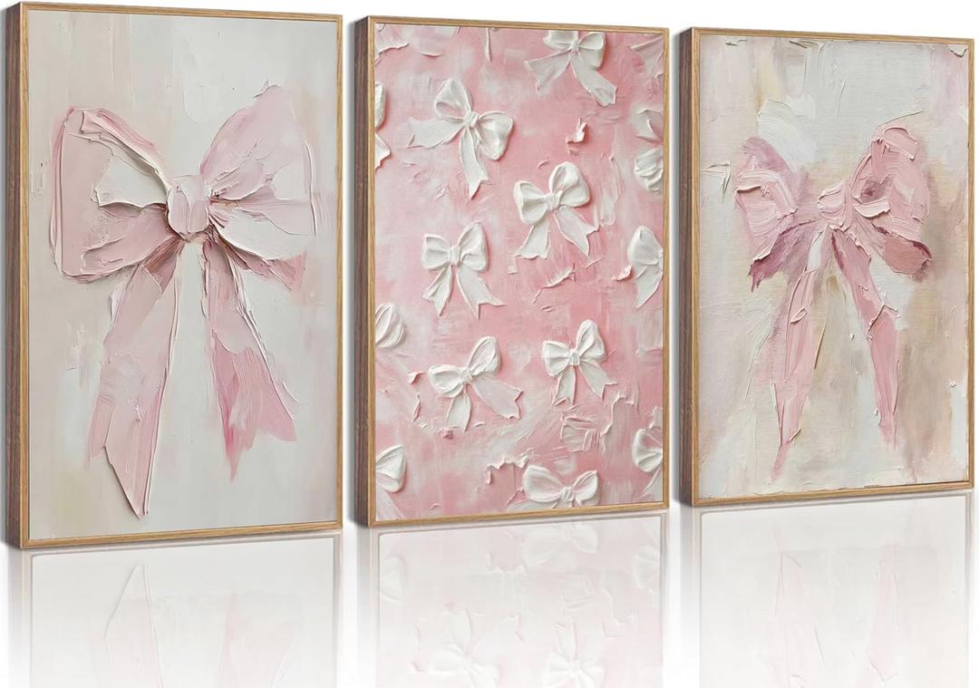 3Pcs Trendy Pink Bow Canvas Wall Art Vintage Cute Preppy Watercolor Bows Painting Pictures Wall Decor Posters Prints Girly Aesthetic for College Apartment Bedroom Decoration Unframed