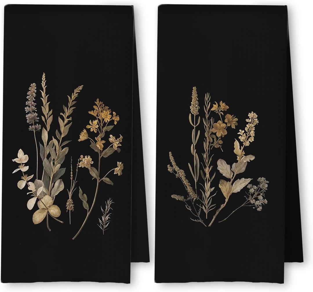 Boho Vintage Botanical Kitchen Towels Set of 2, Rustic Elegant Floral Dish Tea Towels for Kitchen Decor, Dark Cottagecore Flower Plants Hand Towels for Bathroom Decor, 16x24 Inches