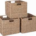 Seagrass Storage Baskets, 12X12X10in Cube Wicker Storage Basket for Shelves, Pantry Baskets Organization and Storage, Kitchen Storage Baskets, Bathroom Shelves Storage Basket Set of 3
