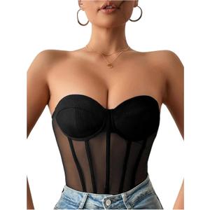 OYOANGLE Women's Mesh Strapless Corset Bodysuit Sleeveless Slim Fitted Tube Top Bodysuits Party Clubwear (Black)