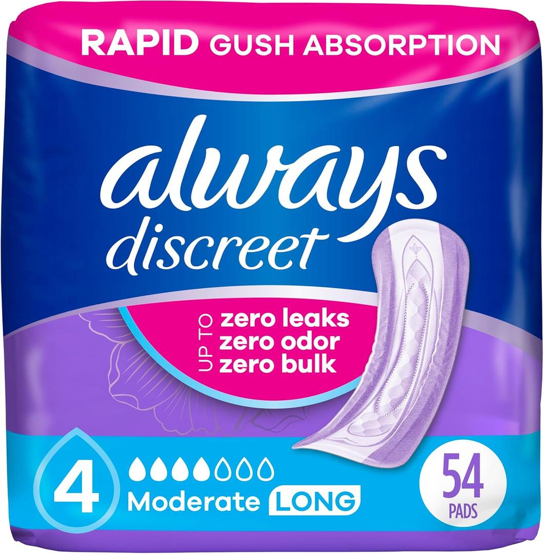 Always Discreet Adult Incontinence Pads for Women, Drier, 4 Drop Long Length, Moderate Absorbency, Pads for Bladder Control Management, Bladder Leaks, & Postpartum Pads, 54ct