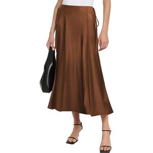 SEBOWEL Women Satin Maxi Long Skirt Silk Side Tie A Line Swing Midi Skirt Silky Flowy Ruffle Pleated Cocktail Party Skirts Size Medium