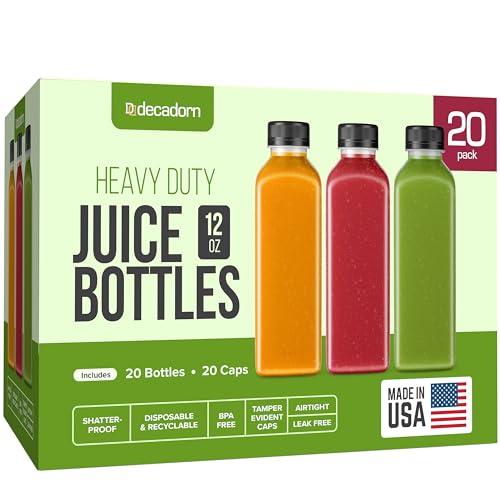 DECADORN 12oz 20pcs Juice Bottles With Caps - MADE IN USA Juice Containers With Lids For Fridge - Juicer Bottles With Tamper Evident Caps, Shatterproof, BPA-Free, Leak proof, Disposable & Recyclable